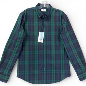Social Coast Men’s Plaid Button Down Shirt Medium Green Blue Stretch Casual